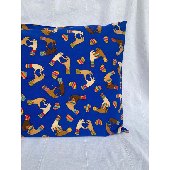 Blue Pillowcase w/ BIPOC Hands Making Hearts w/ Rainbow Hearts | Handmade - Picture 2 of 5